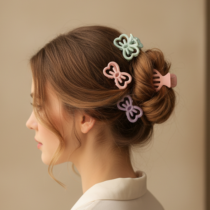 Pastel Clover & Bow Hair Claw Clips Set – 4-Piece Pastel Acrylic Hair Clamps Card Pack (RCP-0978R)