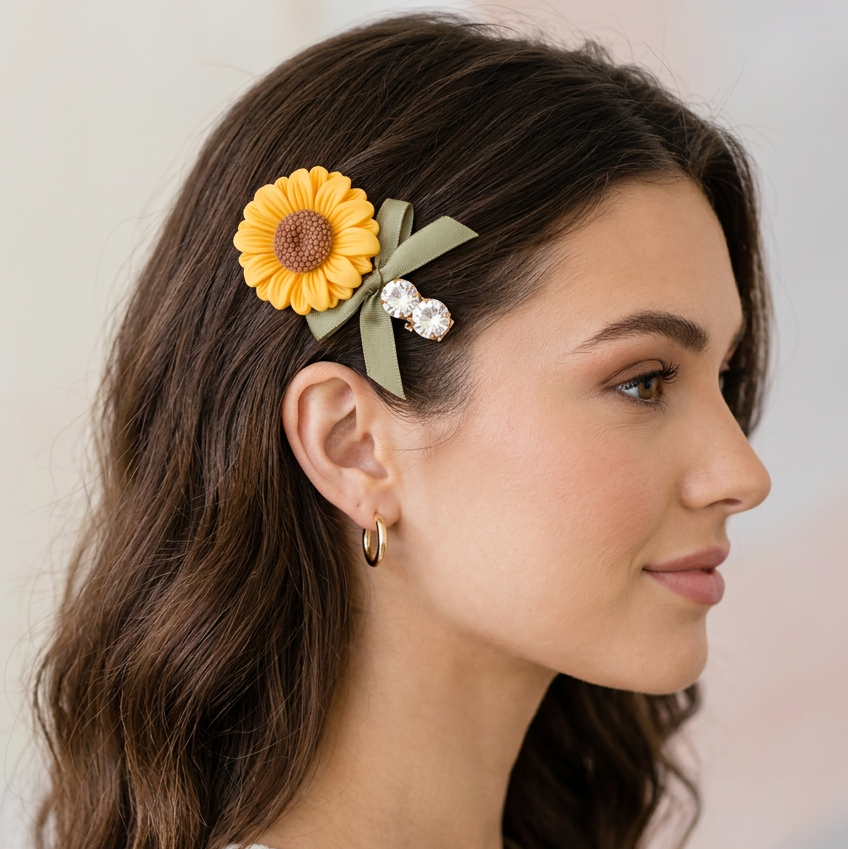 Sunflower Ribbon Bow Alligator Hair Clips (2-Piece Set) – Cottagecore Floral Hair Barrettes with Crystal & Faux Pearl Accents  (RCP-0980R)