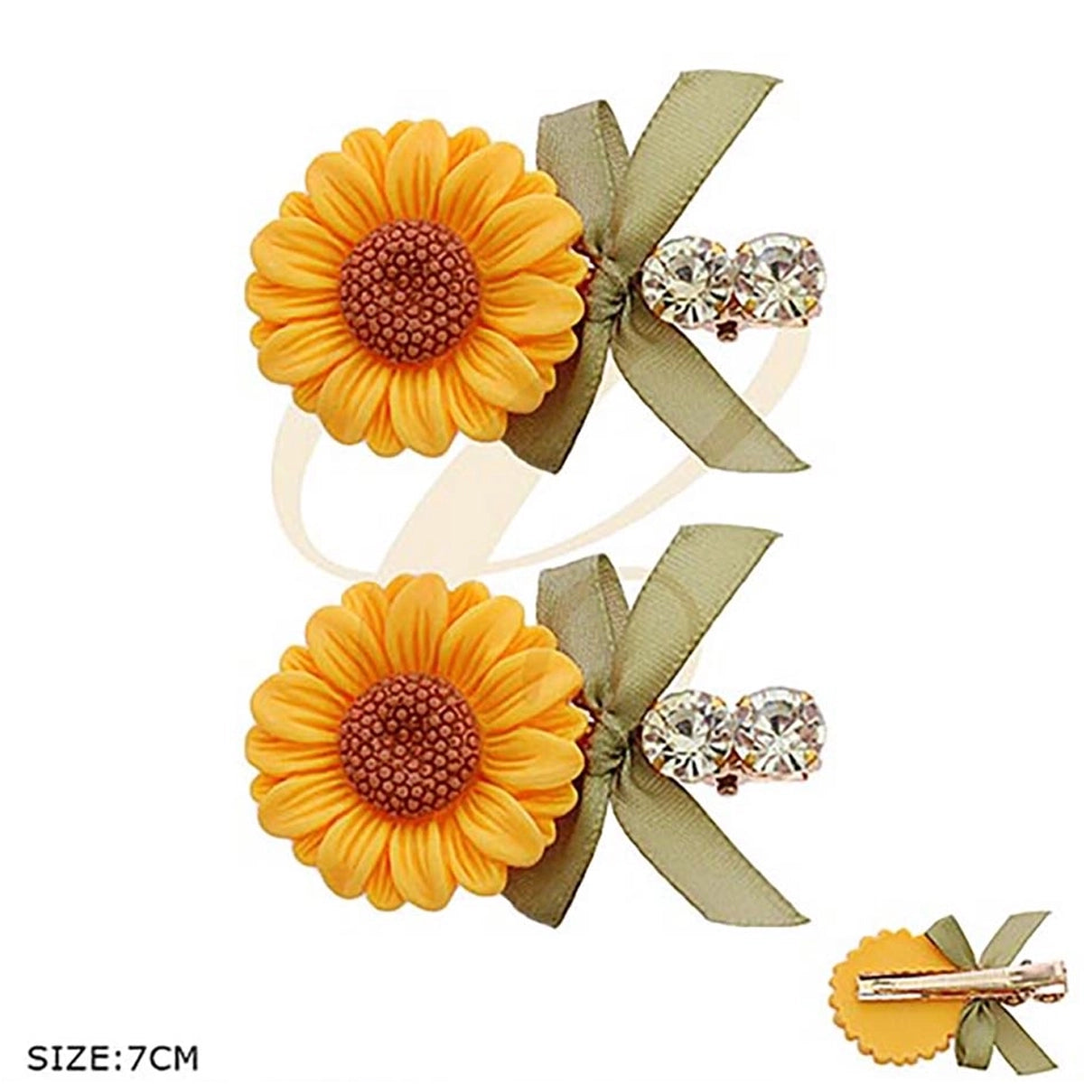 Sunflower Ribbon Bow Alligator Hair Clips (2-Piece Set) – Cottagecore Floral Hair Barrettes with Crystal & Faux Pearl Accents  (RCP-0980R)