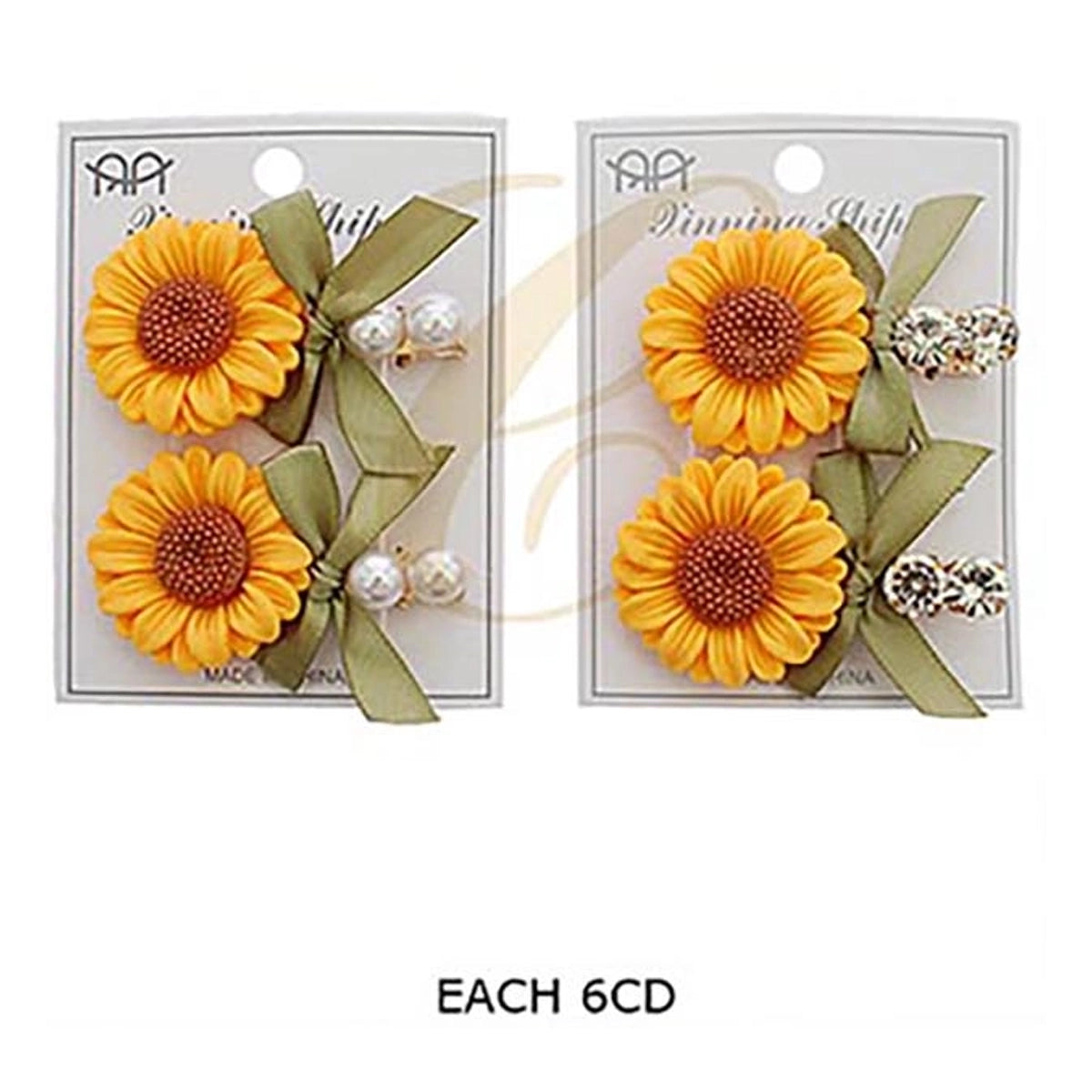 Sunflower Ribbon Bow Alligator Hair Clips (2-Piece Set) – Cottagecore Floral Hair Barrettes with Crystal & Faux Pearl Accents  (RCP-0980R)