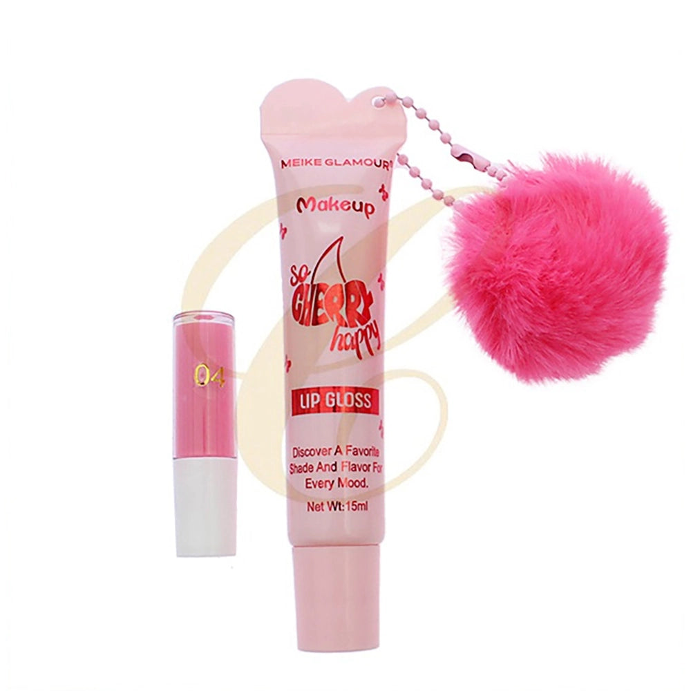 Meike Glamour Cherry Love Lip Gloss Set – Nourishing High-Shine Gloss with Pom-Pom Keychain – 24pc Display (RCS-0747)