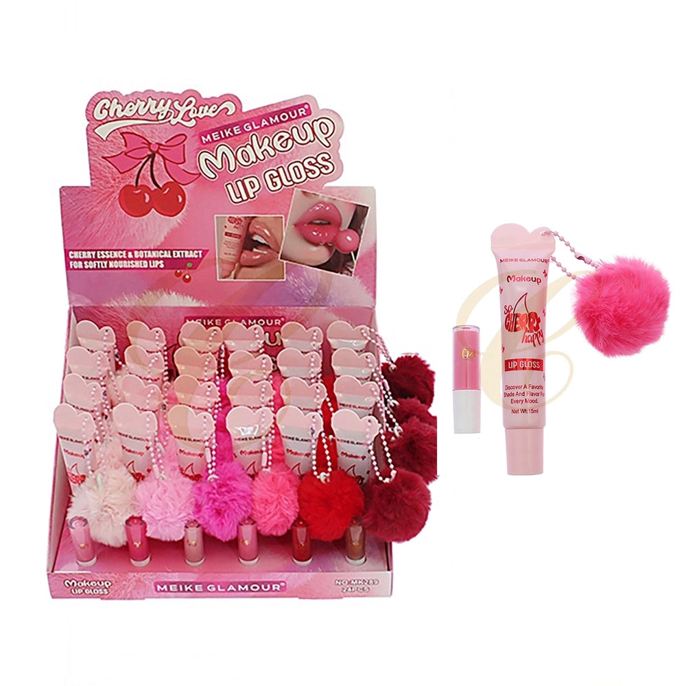 Meike Glamour Cherry Love Lip Gloss Set – Nourishing High-Shine Gloss with Pom-Pom Keychain – 24pc Display (RCS-0747)