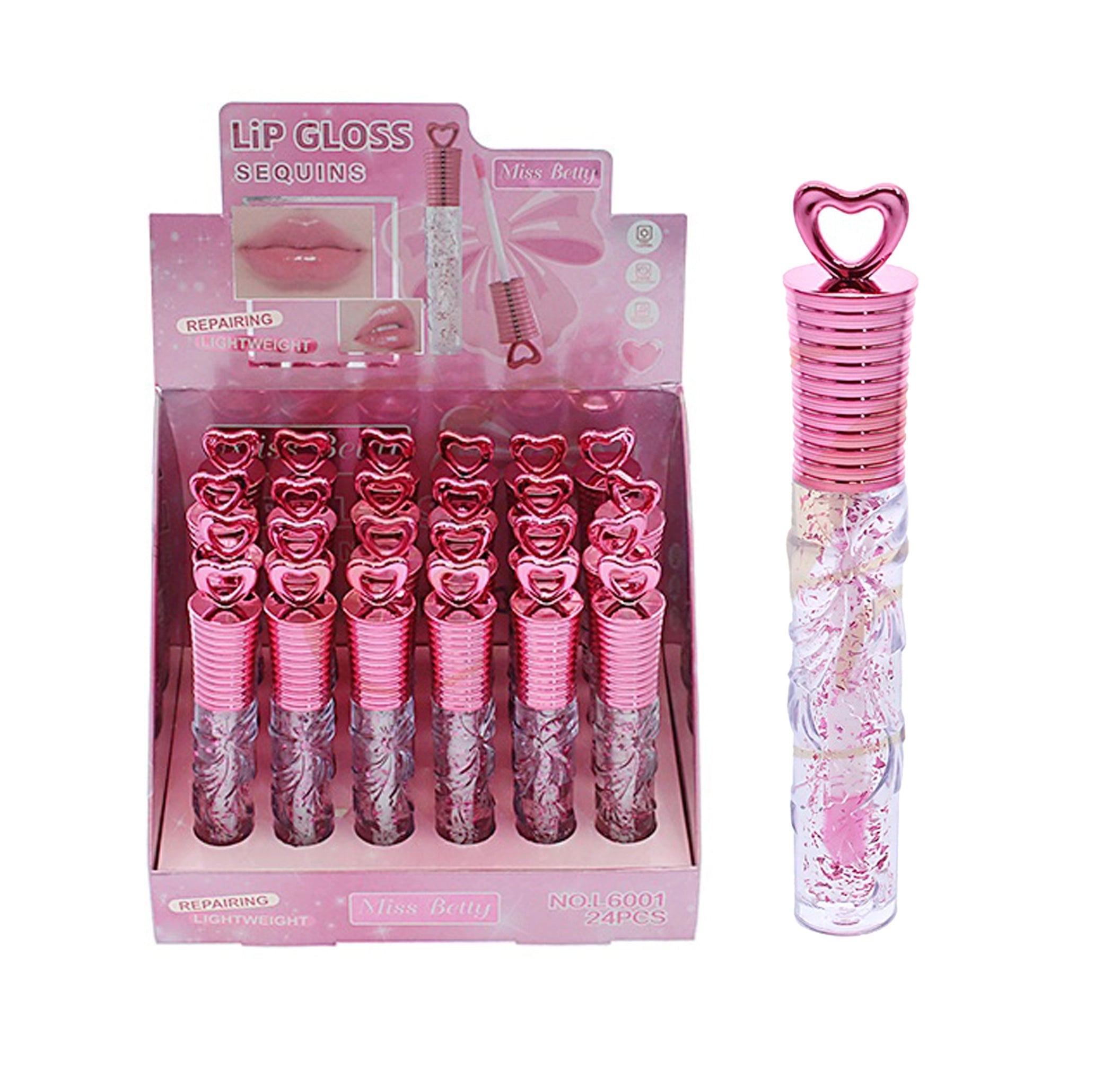 Miss Betty Heart-Topped Sequined Lip Gloss Set (24 Pieces) (RCS-0852)