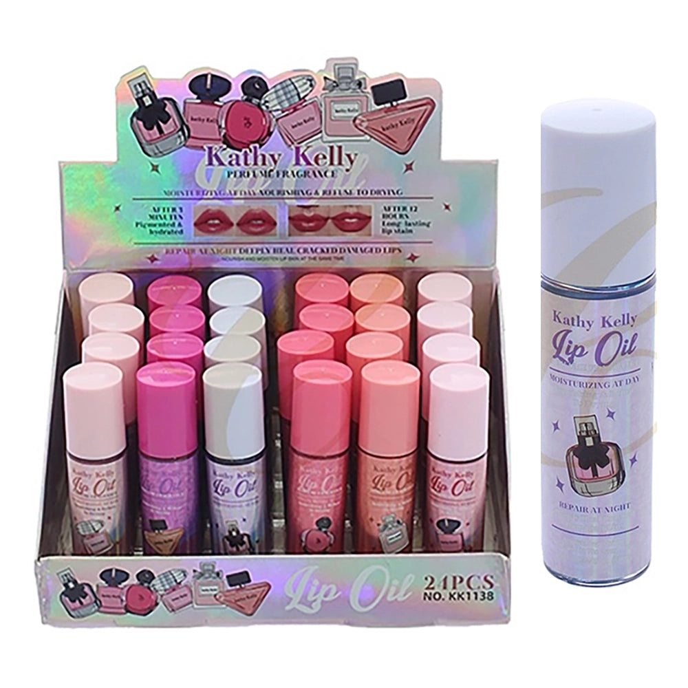 Kathy Kelly Perfume Fragrance Roll-On Lip Oil – Moisturizing Day & Night Lip Stain 24-Piece Wholesale Counter Display Box (RCS-0941)