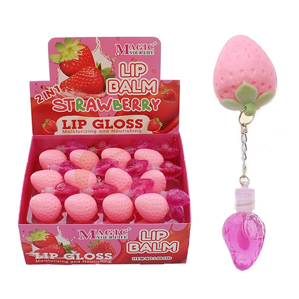2-in-1 Strawberry Lip Balm & Clear Lip Gloss Keychain Set – Moisturizing & Hydrating Cute Fruit Lip Care (RCS-1158)