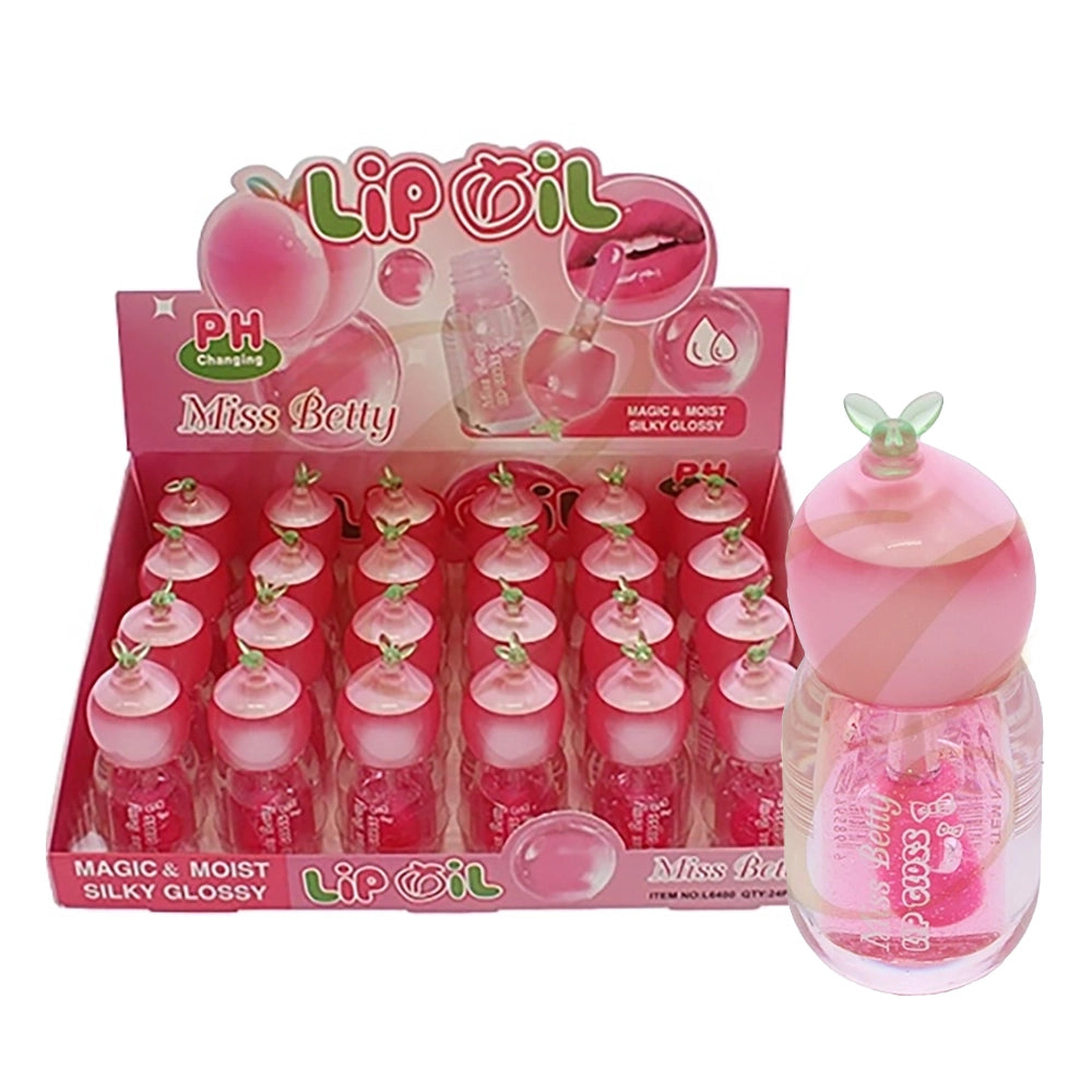 Miss Betty pH Changing Magic Lip Oil – Hydrating Silky Glossy Lip Tint in Peach Bottle Container Display (24-Piece Box | RCS-1298