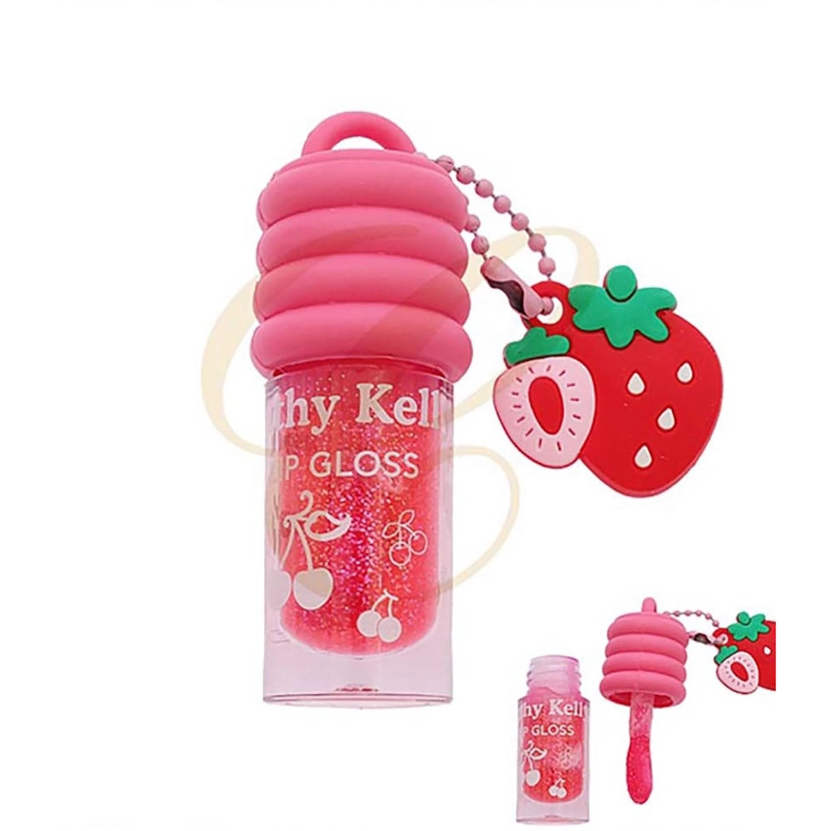 Kathy Kelly Honey Pot Shimmer Lip Gloss with Strawberry Keychain Charm – High-Shine Glitter Lip Gloss (24 Pcs) | RCS-1303