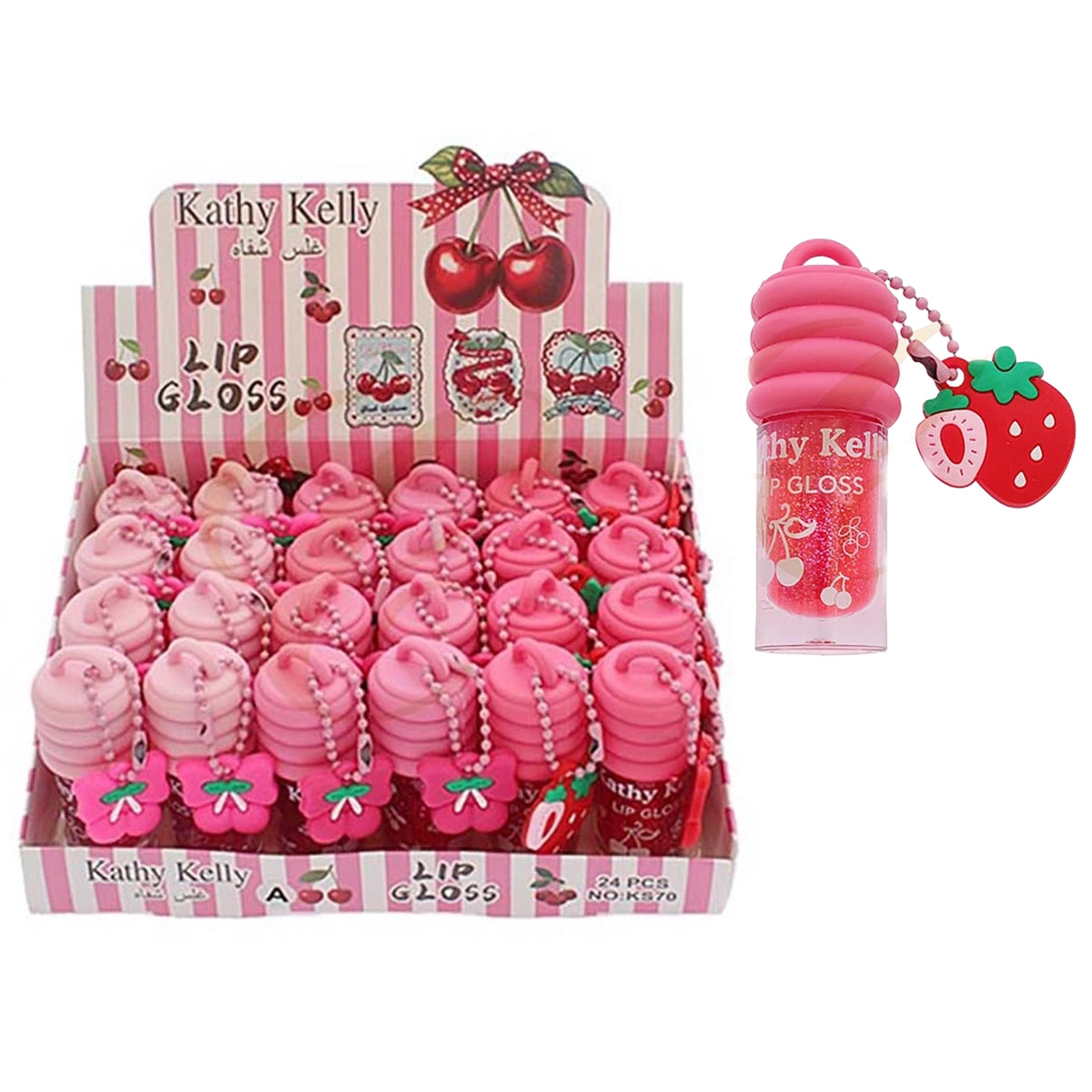 Kathy Kelly Honey Pot Shimmer Lip Gloss with Strawberry Keychain Charm – High-Shine Glitter Lip Gloss (24 Pcs) | RCS-1303