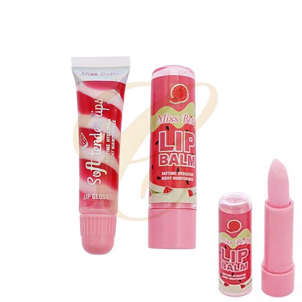 Miss Betty 2-in-1 Watermelon Soft Tender Lips Duo Set – Moisturizing Lip Balm & High-Shine Squeeze Lip Gloss - 12 Sets (RCS-1365)