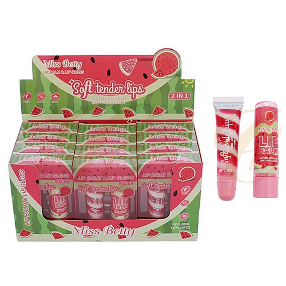 Miss Betty 2-in-1 Watermelon Soft Tender Lips Duo Set – Moisturizing Lip Balm & High-Shine Squeeze Lip Gloss - 12 Sets (RCS-1365)