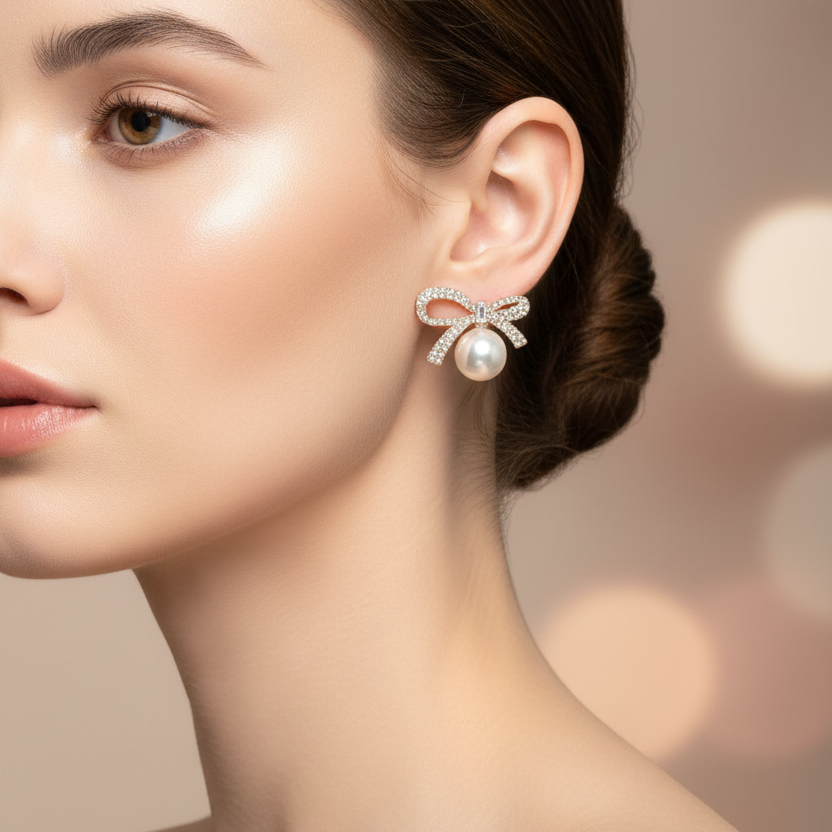 Elegant Bow Pearl Drop Earrings with Sparkling Rhinestones | Cute Coquette Bridal & Prom Stud Earrings (RER-2674GS)