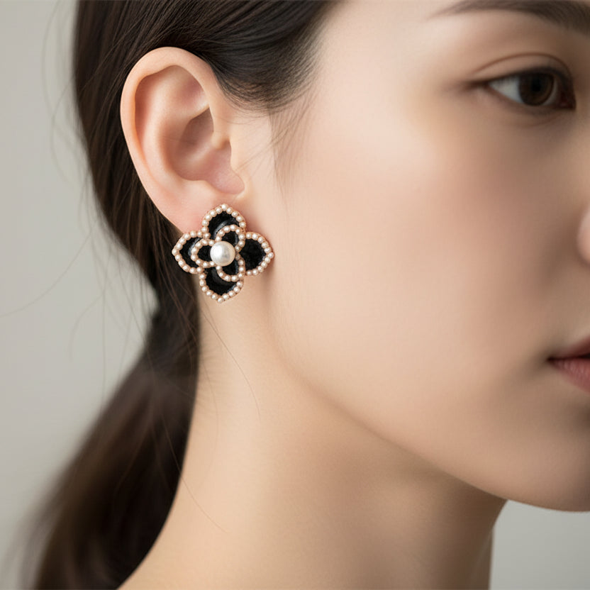 Vintage-Inspired Floral Quatrefoil Stud Earrings with Pearl Accents (RER-3133R2)