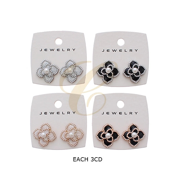 Vintage-Inspired Floral Quatrefoil Stud Earrings with Pearl Accents (RER-3133R2)