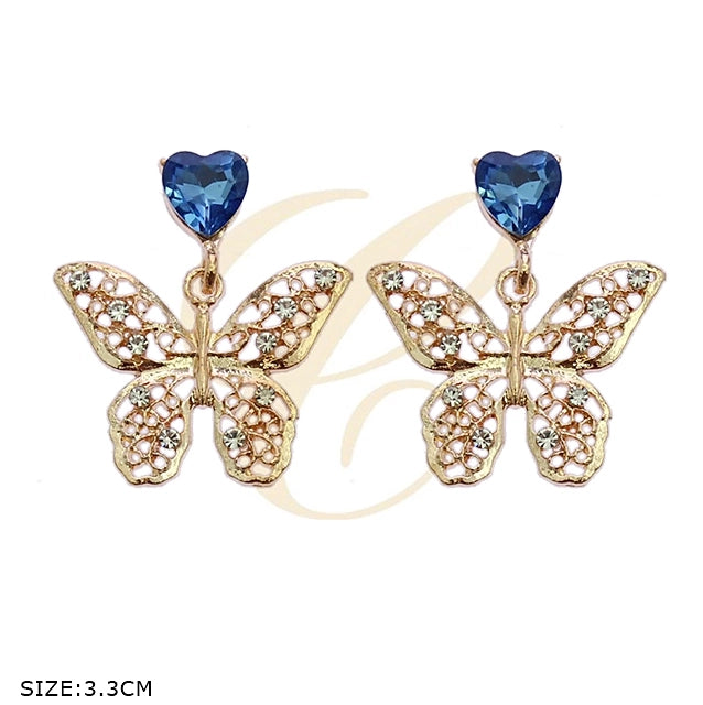 Enchanted Crystal Butterfly Drop Earrings – Heart-Shaped Gem & Filigree Design (RER-3167R6)
