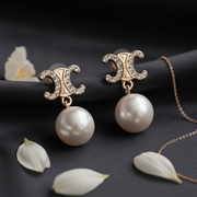 Luxury-Inspired Interlocking C Pearl Drop Earrings | Silver / Gold-Tone Rhinestone Dangles