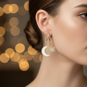 Celestial Moon and Star Dangle Earrings - Elegant Rhinestone & Enamel Jewelry (RER-3226GS)