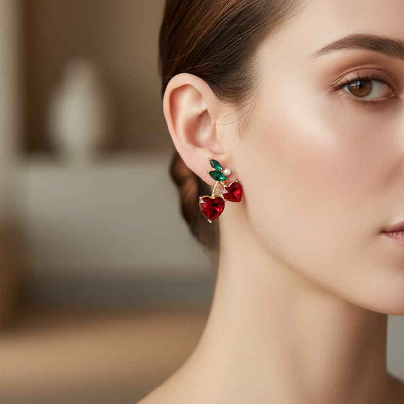 Sparkling Heart Cherry Dangle Earrings – Rhinestone Fruit Stud Earrings for Women & Girls (RER-3229R2)