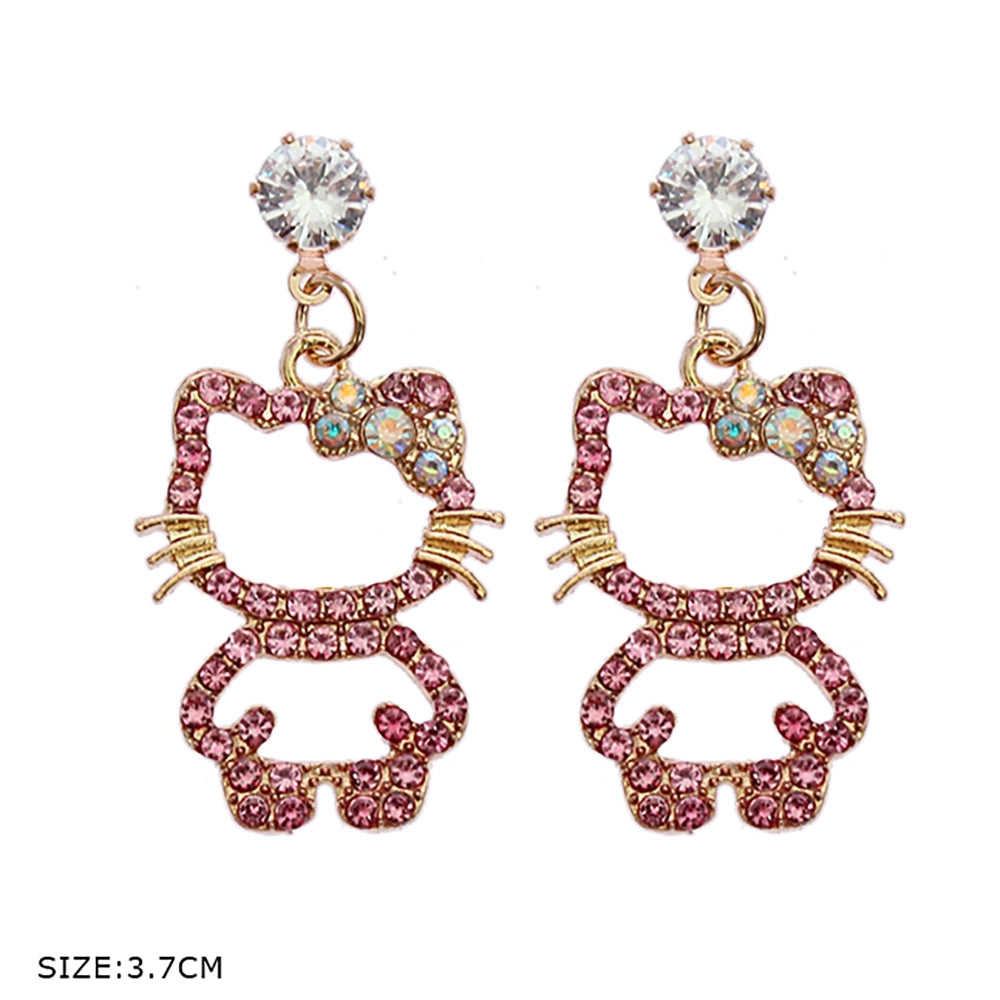 Sparkly Crystal Cartoon Cat Dangle Earrings – Rhinestone Kitten Drop Earrings Fashion Jewelry (RER-3264R6)