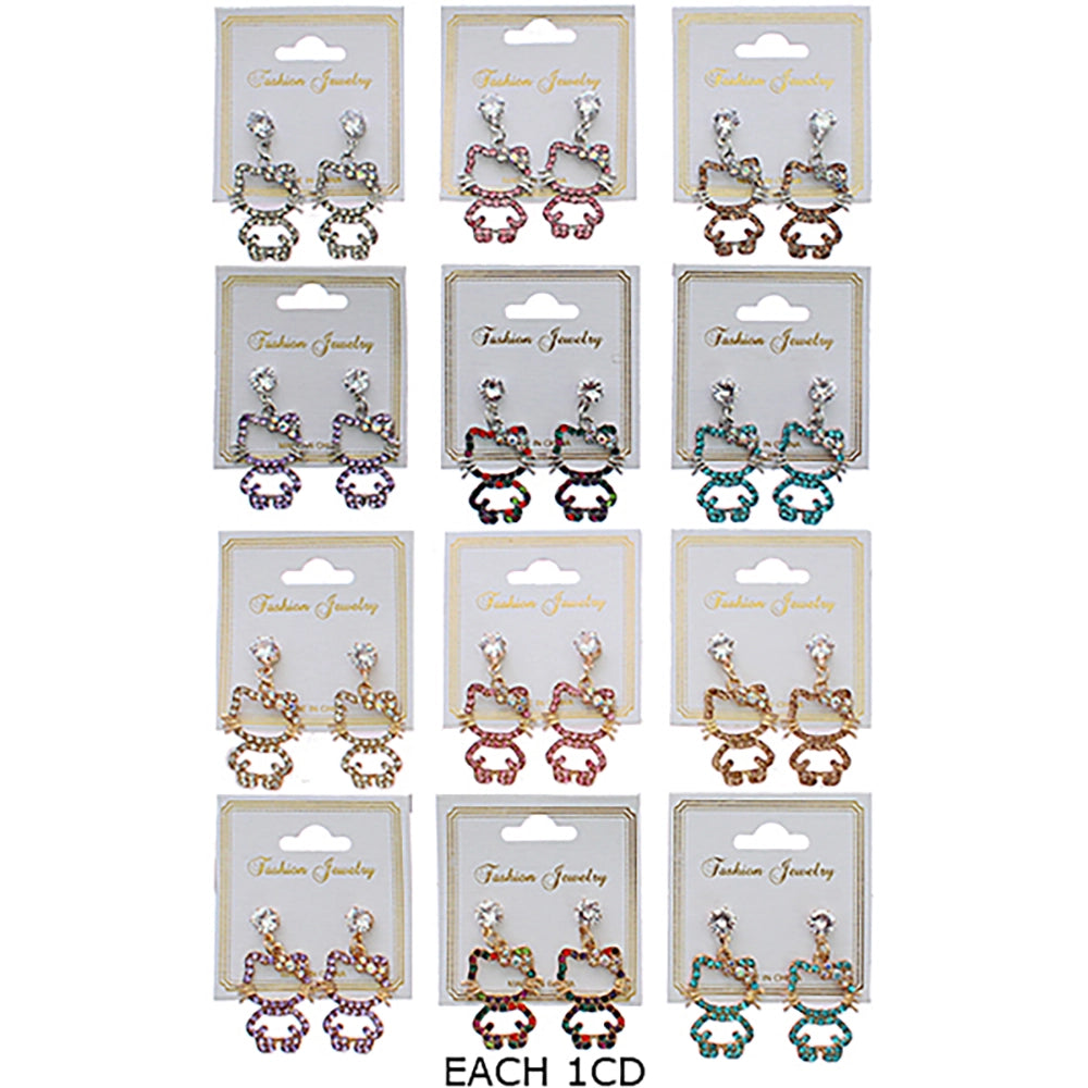 Sparkly Crystal Cartoon Cat Dangle Earrings – Rhinestone Kitten Drop Earrings Fashion Jewelry (RER-3264R6)