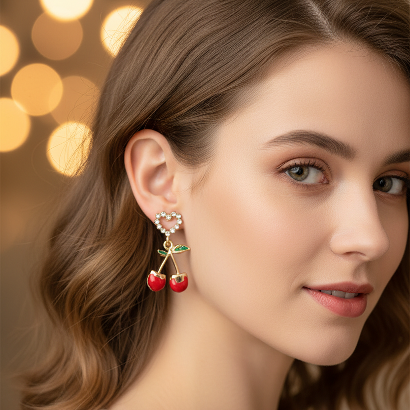 Dainty Heart & Cherry Dangle Earrings – Sparkly Rhinestone Fashion Jewelry for Women & Teens (RER-3265GS)