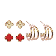 Women’s Clover Motif Studs and Triple Strand C-Hoop Set (RER-3285R6)