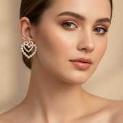 Double Heart Pearl Stud Earrings for Women – Rhinestone Crystal & Faux Pearl Layered Open Heart Statement Earrings (2.5 cm) (RER-3305GS)