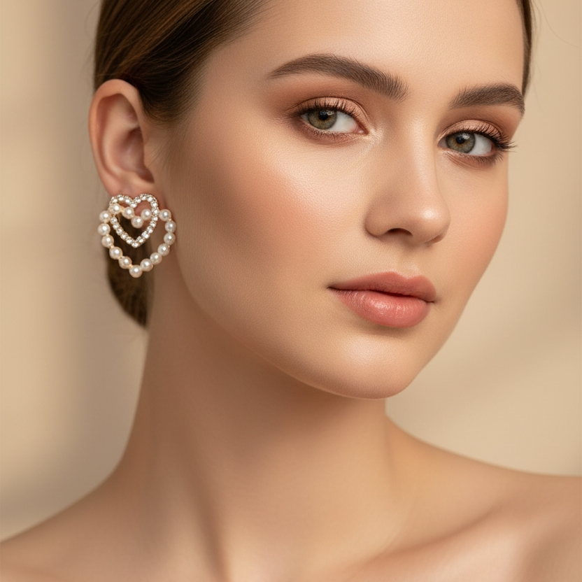 Double Heart Pearl Stud Earrings for Women – Rhinestone Crystal & Faux Pearl Layered Open Heart Statement Earrings (2.5 cm) (RER-3305GS)