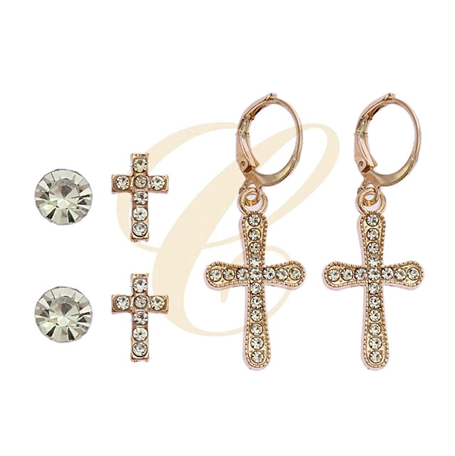 Sparkling Crystal Cross Earring Set – 3-Pair Multi-Pack (Studs & Huggie Hoops) in Gold & Silver Tones (RER-3313GS)
