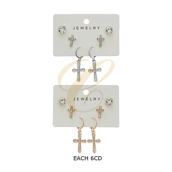 Sparkling Crystal Cross Earring Set – 3-Pair Multi-Pack (Studs & Huggie Hoops) in Gold & Silver Tones (RER-3313GS)