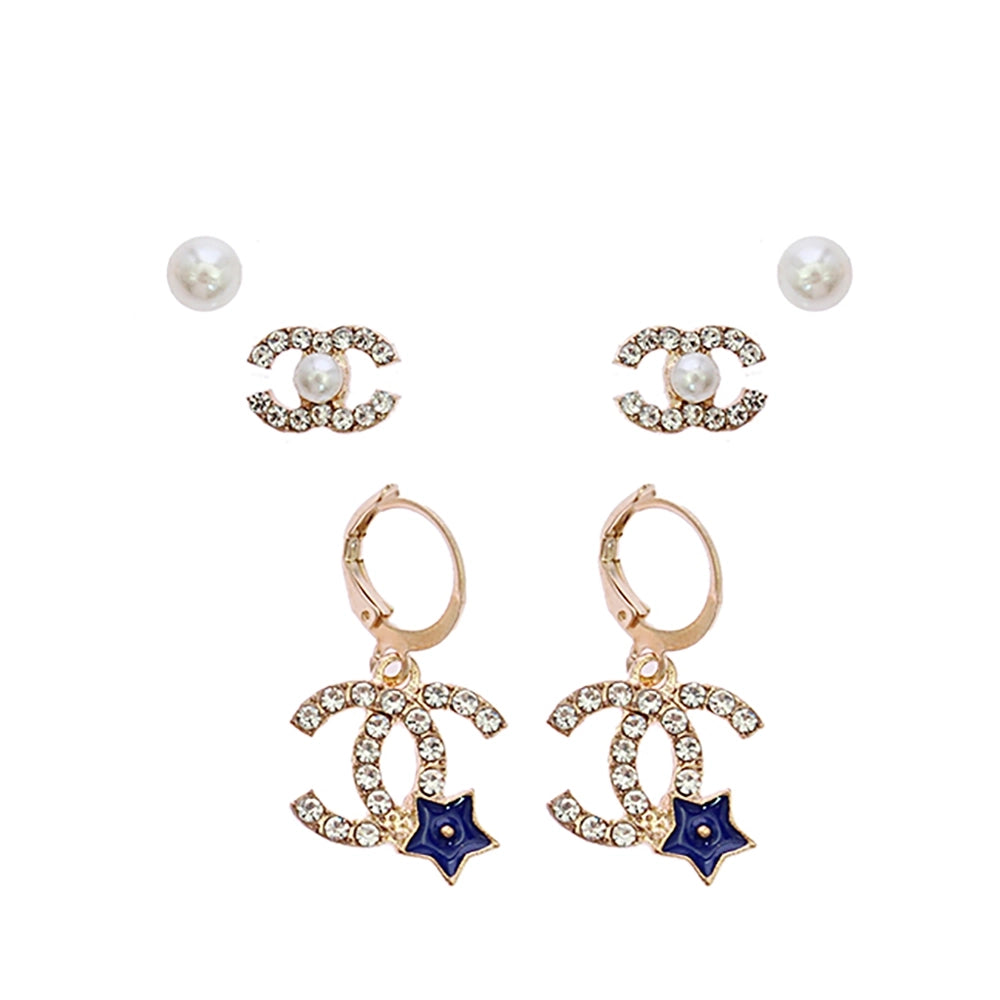 3-Pair Celestial Crystal & Pearl Earring Set – Gold & Silver Tone Fashion Studs and Charms (RER-3317R)