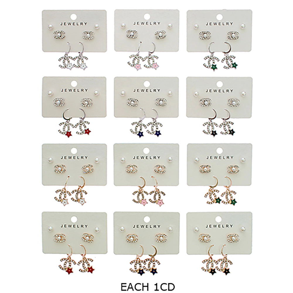 3-Pair Celestial Crystal & Pearl Earring Set – Gold & Silver Tone Fashion Studs and Charms (RER-3317R)
