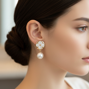 Clover & Star Motif Pearl Drop Earrings (RER-3328GS)