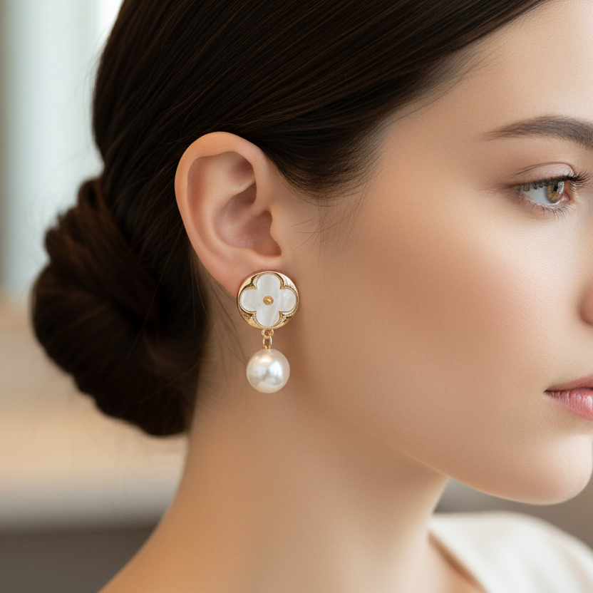 Clover & Star Motif Pearl Drop Earrings (RER-3328GS)