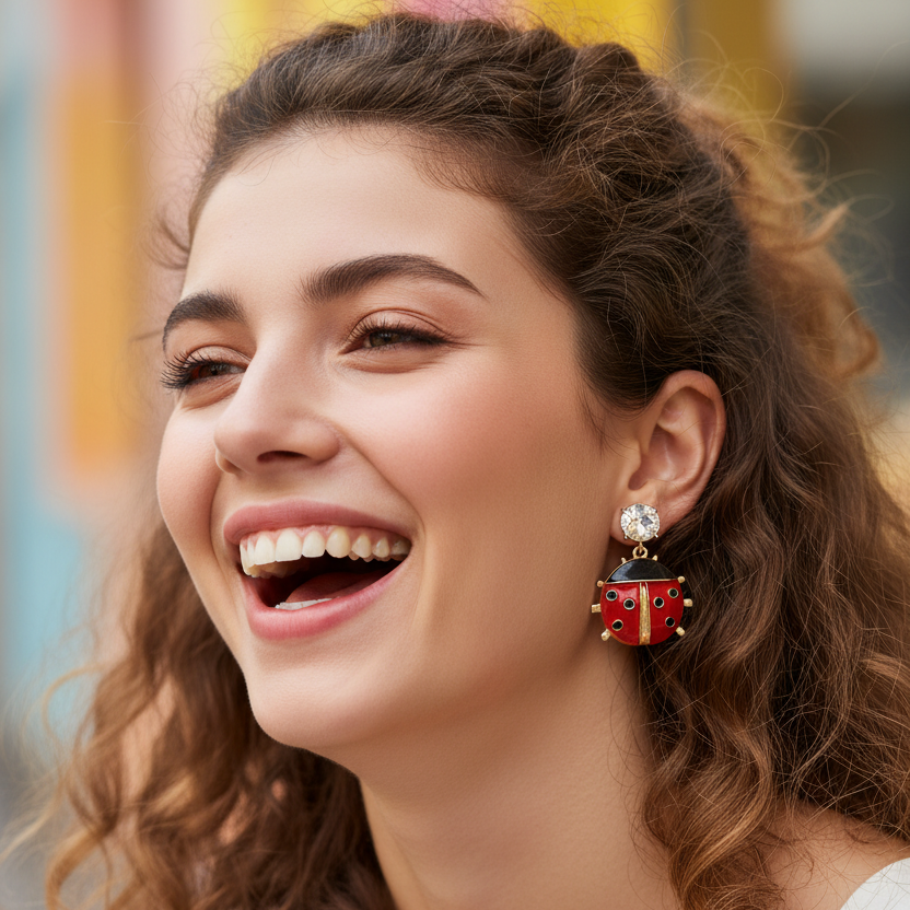 Red Enamel Ladybug Drop Earrings with Sparkling Crystal Studs (RER-3363GS)