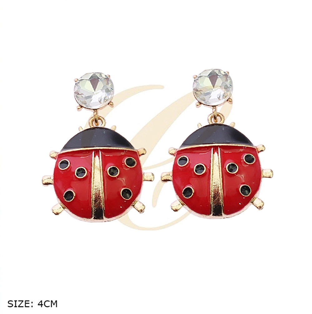 Red Enamel Ladybug Drop Earrings with Sparkling Crystal Studs (RER-3363GS)