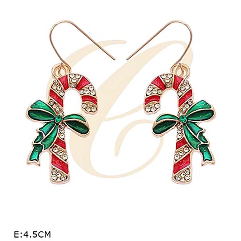 Sparkling Rhinestone Candy Cane Drop Earrings – Holiday Striped Enamel Dangle Earrings with Green Bow Accent (RER-3567R)