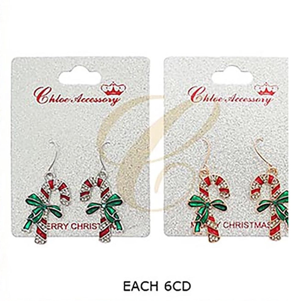 Sparkling Rhinestone Candy Cane Drop Earrings – Holiday Striped Enamel Dangle Earrings with Green Bow Accent (RER-3567R)