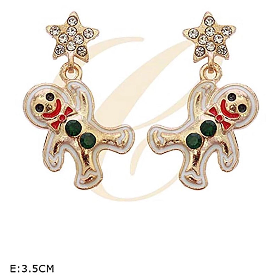 Sparkling Rhinestone Gingerbread Man Drop Earrings – Holiday Star Stud Dangle Earrings with Enamel Accents (RER-3570GS)