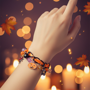 Halloween Charm Bracelet for Women – Spooky Pumpkin, Skull & Spider Beaded Stretch Bracelet with Ribbon Detail (RHAL-0019)