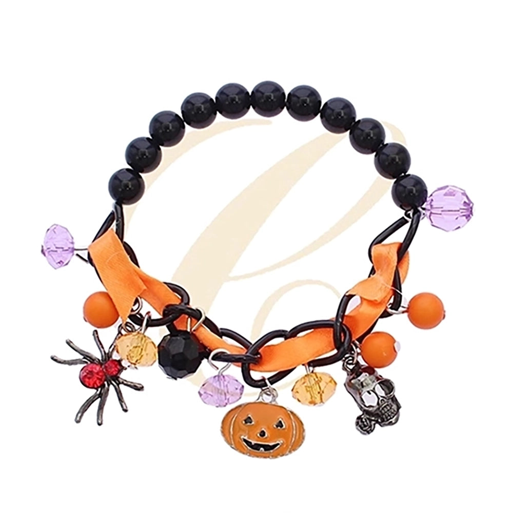 Halloween Charm Bracelet for Women – Spooky Pumpkin, Skull & Spider Beaded Stretch Bracelet with Ribbon Detail (RHAL-0019)