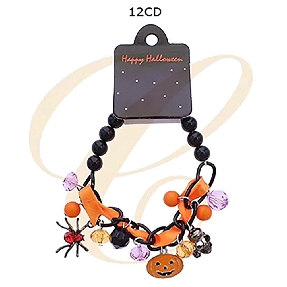 Halloween Charm Bracelet for Women – Spooky Pumpkin, Skull & Spider Beaded Stretch Bracelet with Ribbon Detail (RHAL-0019)