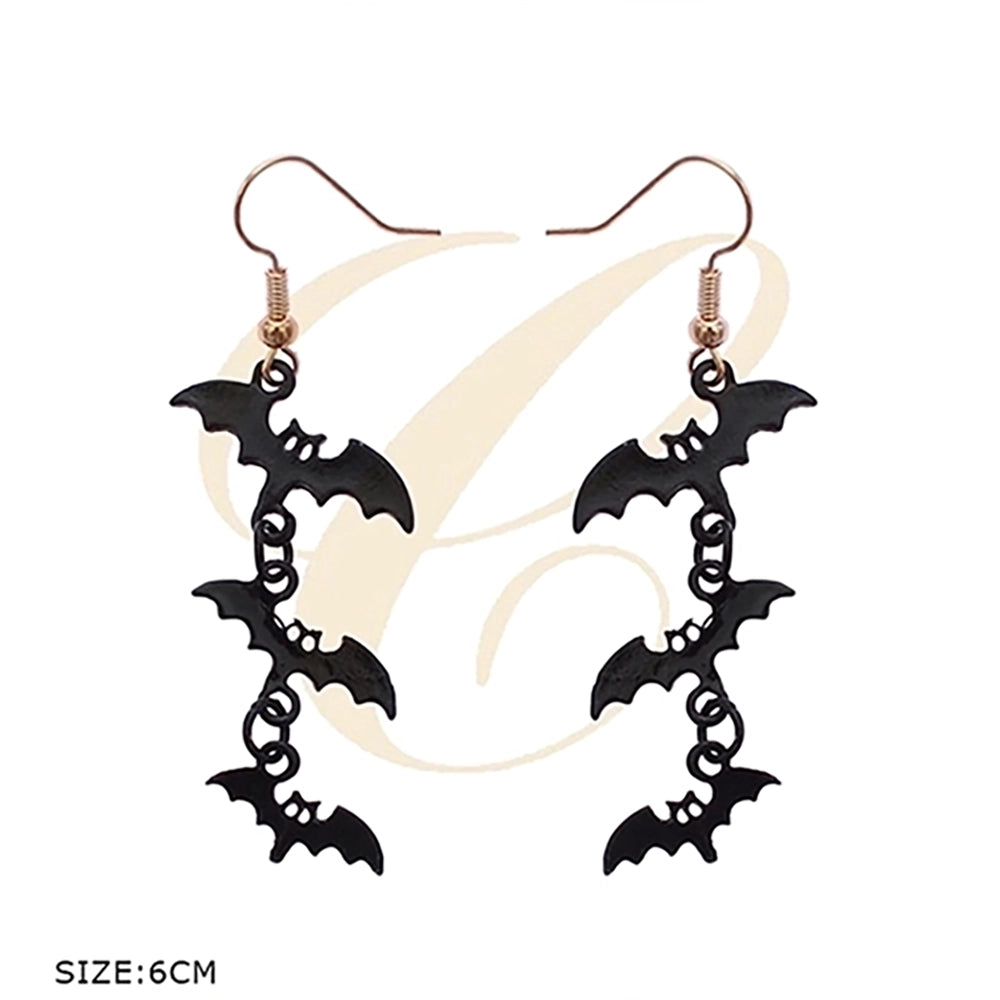 Gothic Black Bat Dangle Earrings - Cascading Halloween Drop Jewelry (6cm) (RHAL-0028)