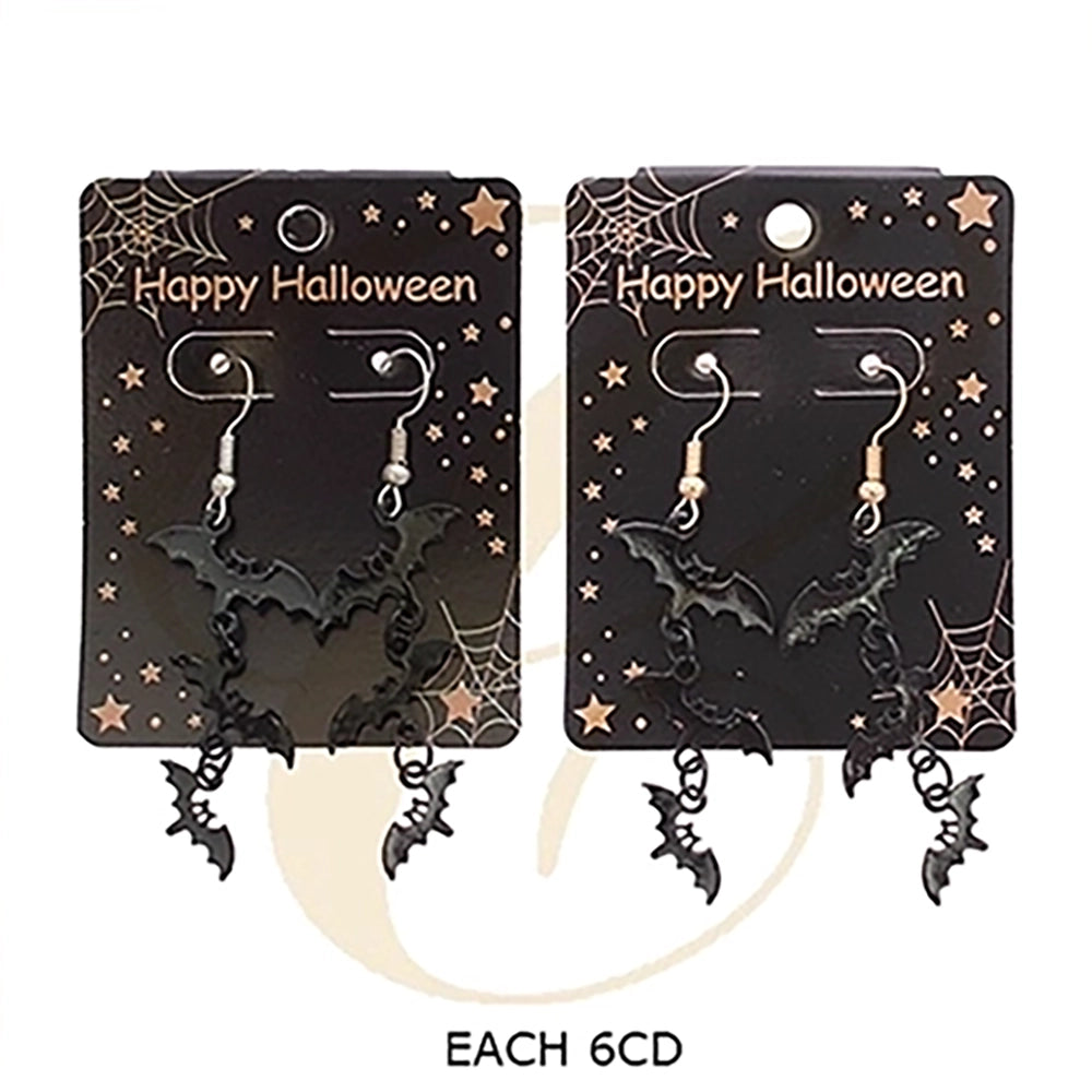 Gothic Black Bat Dangle Earrings - Cascading Halloween Drop Jewelry (6cm) (RHAL-0028)