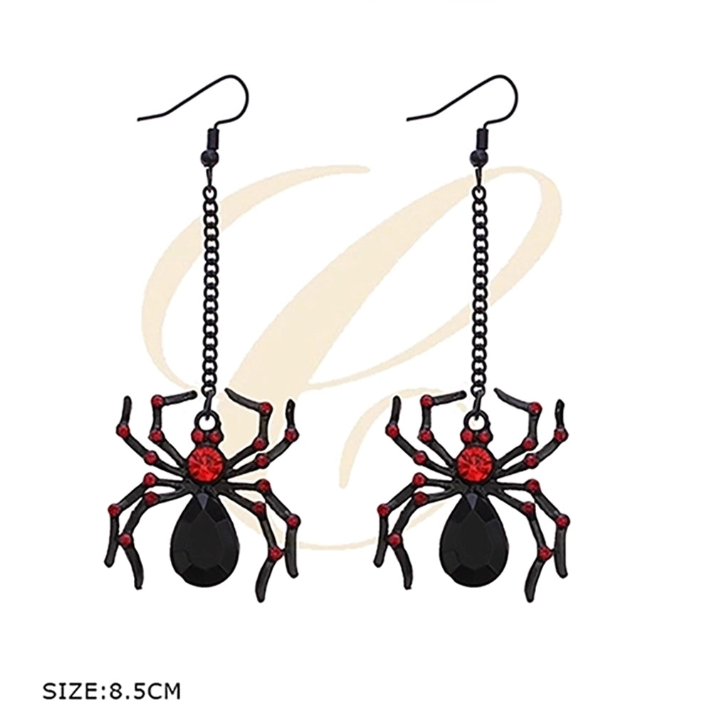 Halloween Black Spider Dangle Earrings with Red Rhinestones | Gothic Drop Earrings (8.5cm) (RHAL-0030)