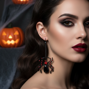 Halloween Black Spider Dangle Earrings with Red Rhinestones | Gothic Drop Earrings (8.5cm) (RHAL-0030)