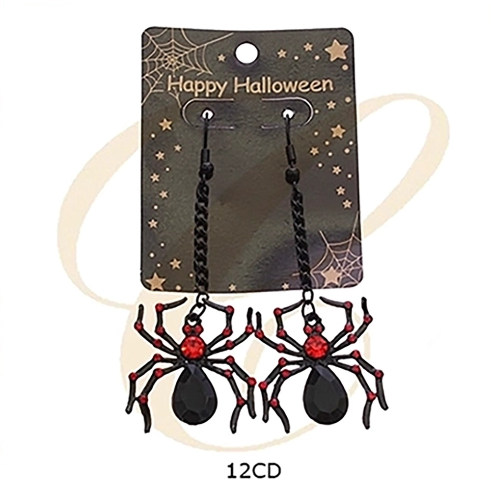 Halloween Black Spider Dangle Earrings with Red Rhinestones | Gothic Drop Earrings (8.5cm) (RHAL-0030)