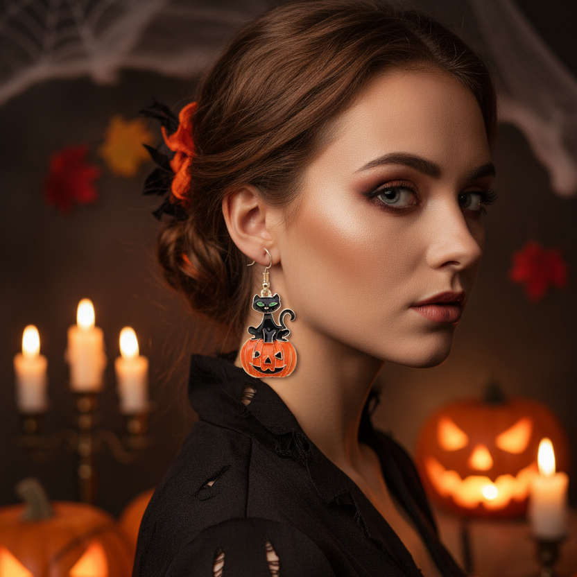Black Cat on Jack-O'-Lantern Pumpkin Earrings – Halloween Dangle Jewelry (5cm) (RHAL-0042)