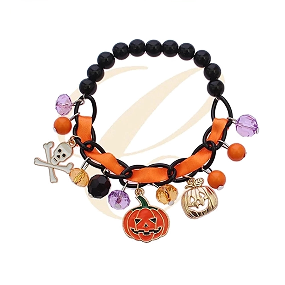 Halloween Charm Bracelet – Beaded Pumpkin, Skull & Skeleton Elastic Stretch Jewelry (Orange & Purple Accent Options) (RHAL-0046)