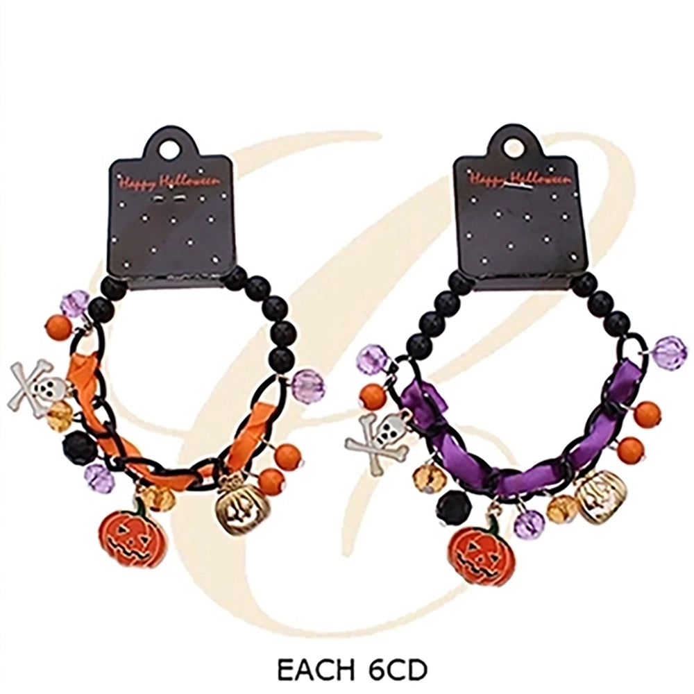 Halloween Charm Bracelet – Beaded Pumpkin, Skull & Skeleton Elastic Stretch Jewelry (Orange & Purple Accent Options) (RHAL-0046)