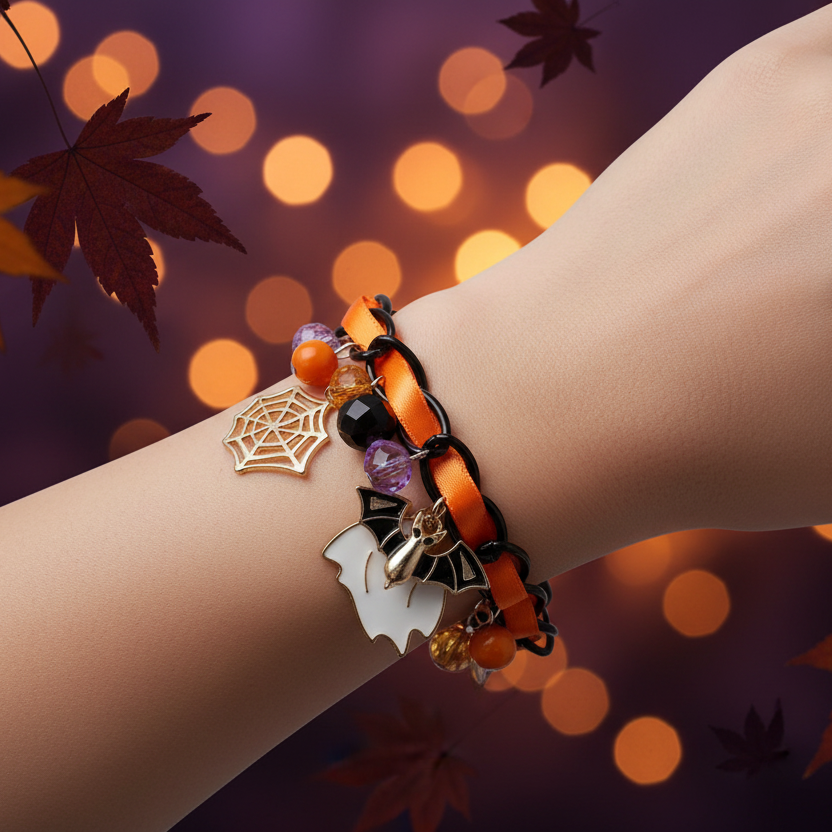 Halloween Charm Bracelet with Ribbon Accent – Ghost, Bat, and Spiderweb Beaded Stretch Bracelet (RHAL-0047)
